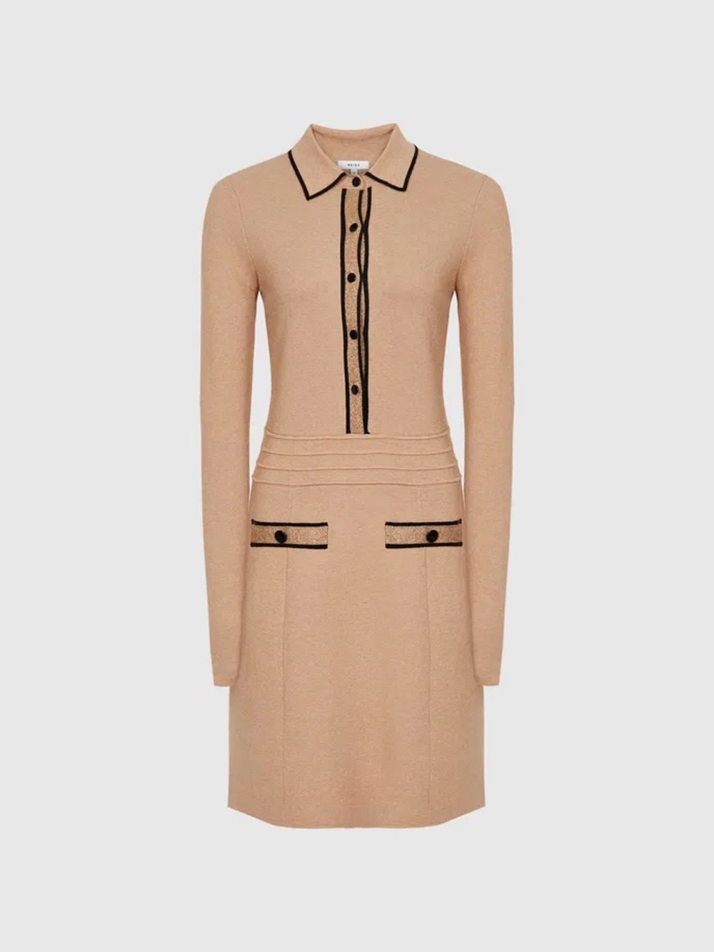 Reiss Beige Long-Sleeve Polo Knit Dress with Black Trim